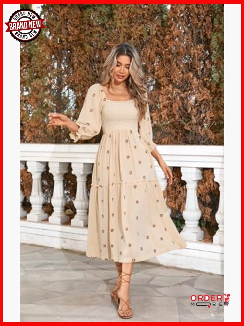 Long Sleeve Cotton Boho Midi Dress Square Neck Floral Embroidered Tiered Ruffle - Picture 4 of 7